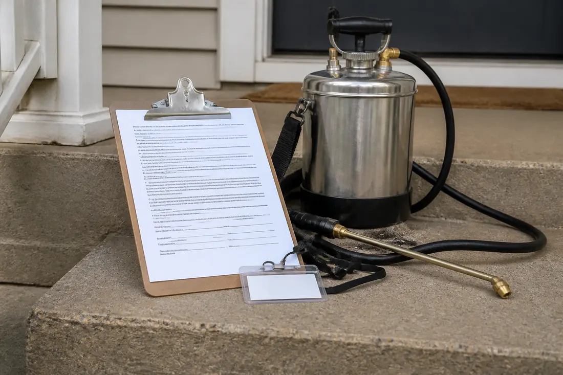 Service agreement and identification badge on a residential porch step