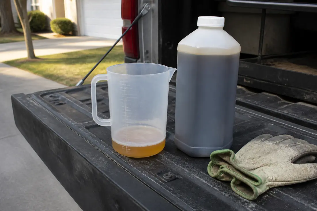 A measuring cup and a sealed container set on a tailgate before mixing