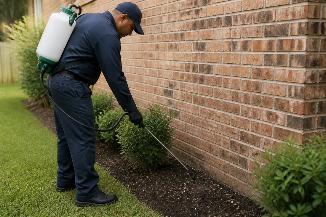 A technician applying a treatment along the base of an exterior wall