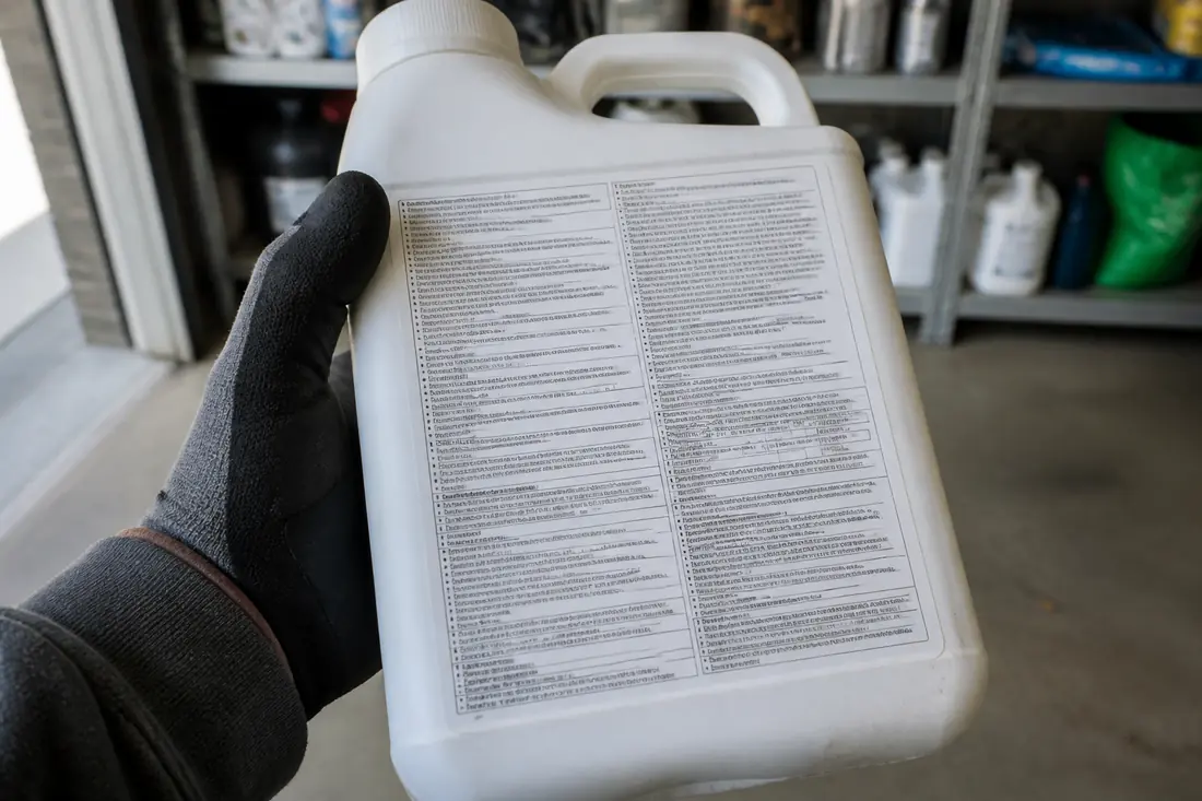 A pesticide product label being read closely, the printed panel filling the frame