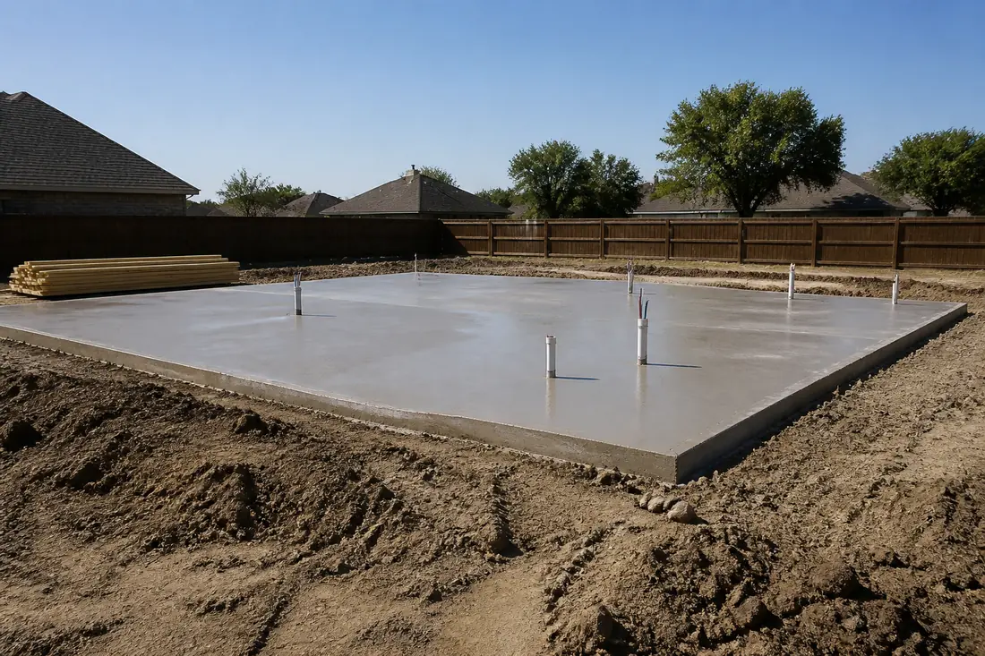 A new slab foundation with treated soil before the frame goes up