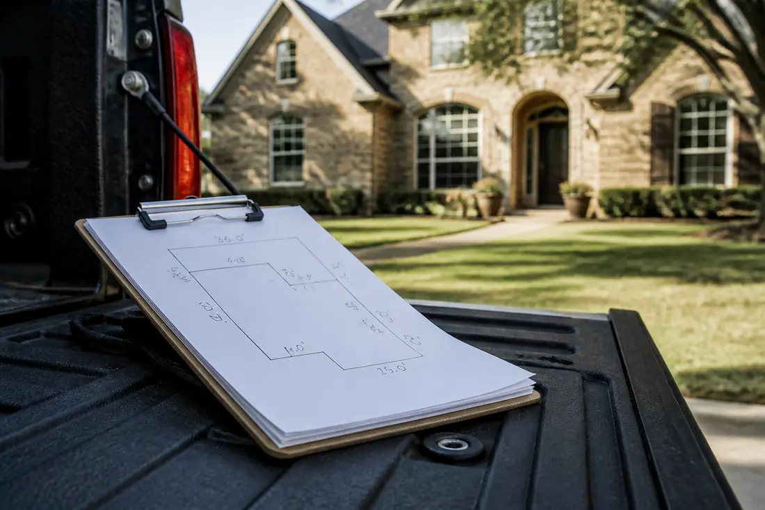A multi-page printed termite treatment proposal with a hand-drawn floor plan on the top sheet, resting on a tailgate