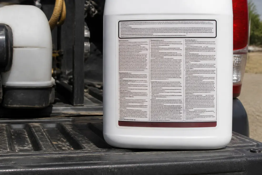 The front panel of a pesticide container showing a boxed restricted use statement