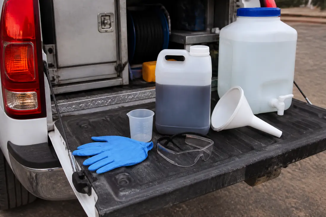 Gloves, goggles and a graduated measuring cup beside a concentrate jug in a truck bed